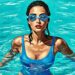 frau mit schwimmbrille im wasser