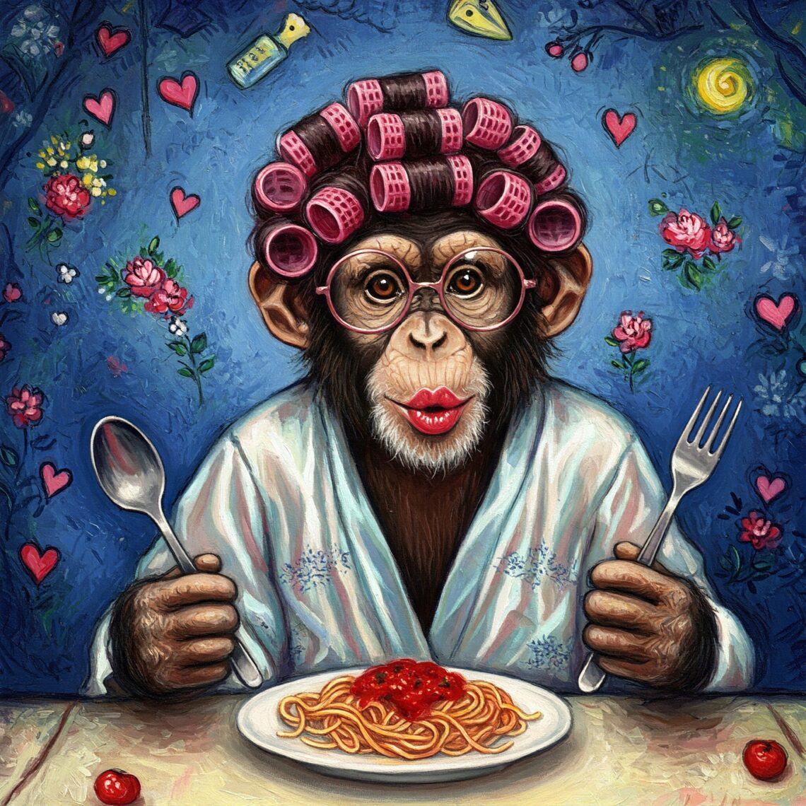 Chimpansin vor einem Teller Spaghetti