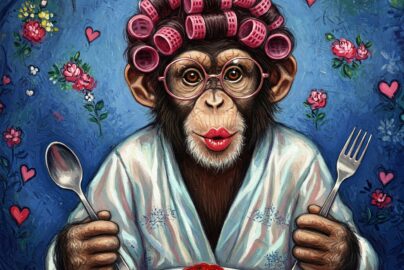 Chimpansin vor einem Teller Spaghetti