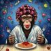 Chimpansin vor einem Teller Spaghetti