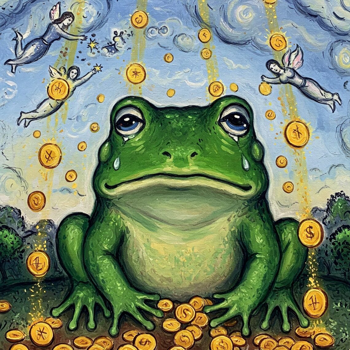 einender Frosch auf den Geld hernieder regnet